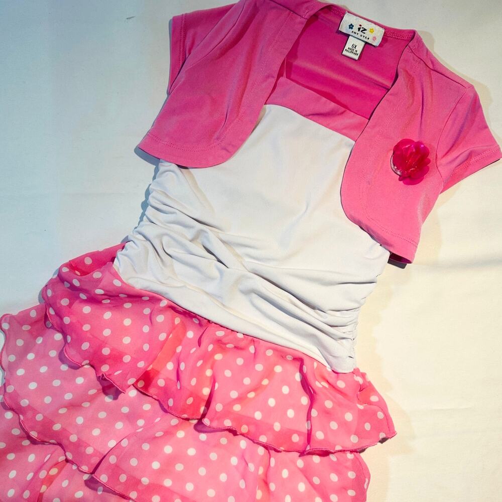 Y2K Iz Amy Byer Pink & White Polka Dot Ruffle Tiered Dress w/ Cardigan Sz 6x